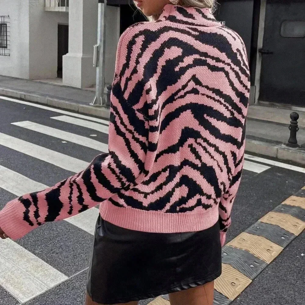 Multicolor Casual Women's Zebra Pattern Batwing Sleeve Pullover Sweater